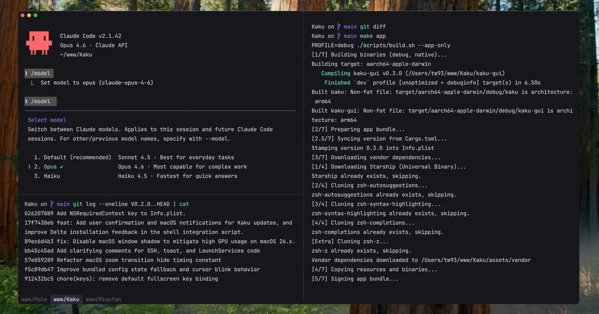Kaku terminal in dark mode with tabs and split panes