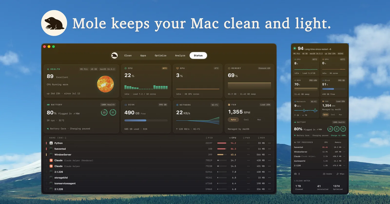 Mole for Mac status dashboard with system metrics and processes